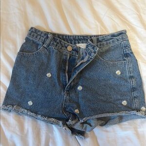 Altar'd State Blue Jean Shorts with Daisy Accents